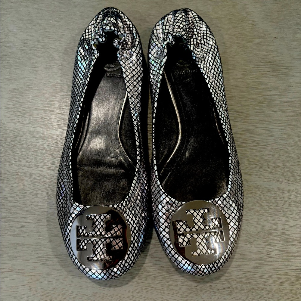 Tory Burch Black & Silver Snakeskin Reva Flats Size 8.5